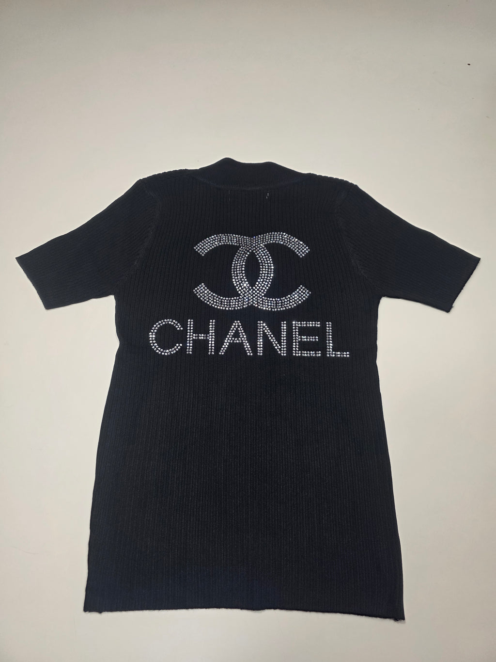 Women's Black Crystal-Embellished Ribbed Knit Top | Half Sleeve | Size S/M | Excellent