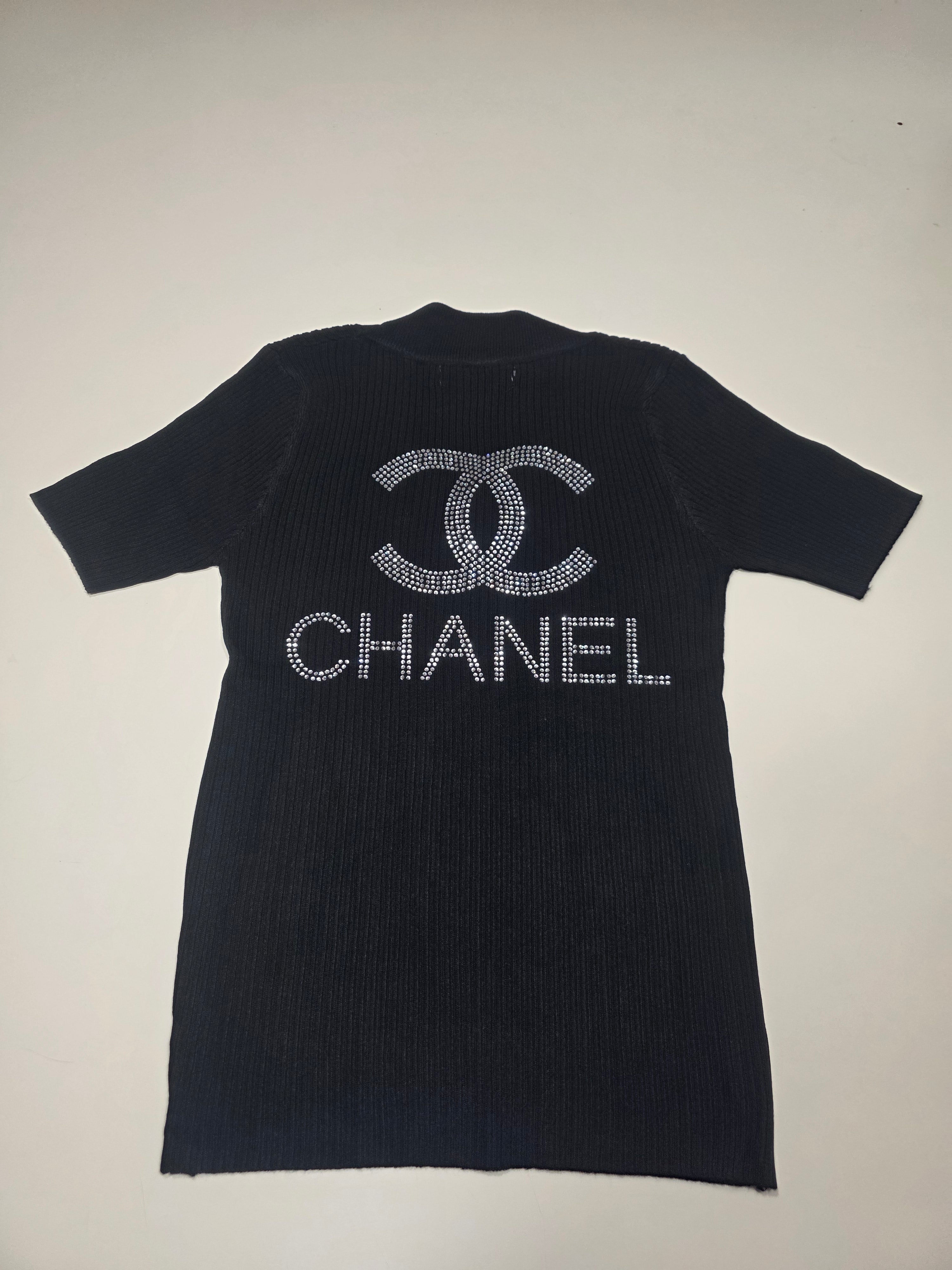 Women's Black Crystal-Embellished Ribbed Knit Top | Half Sleeve | Size S/M | Excellent