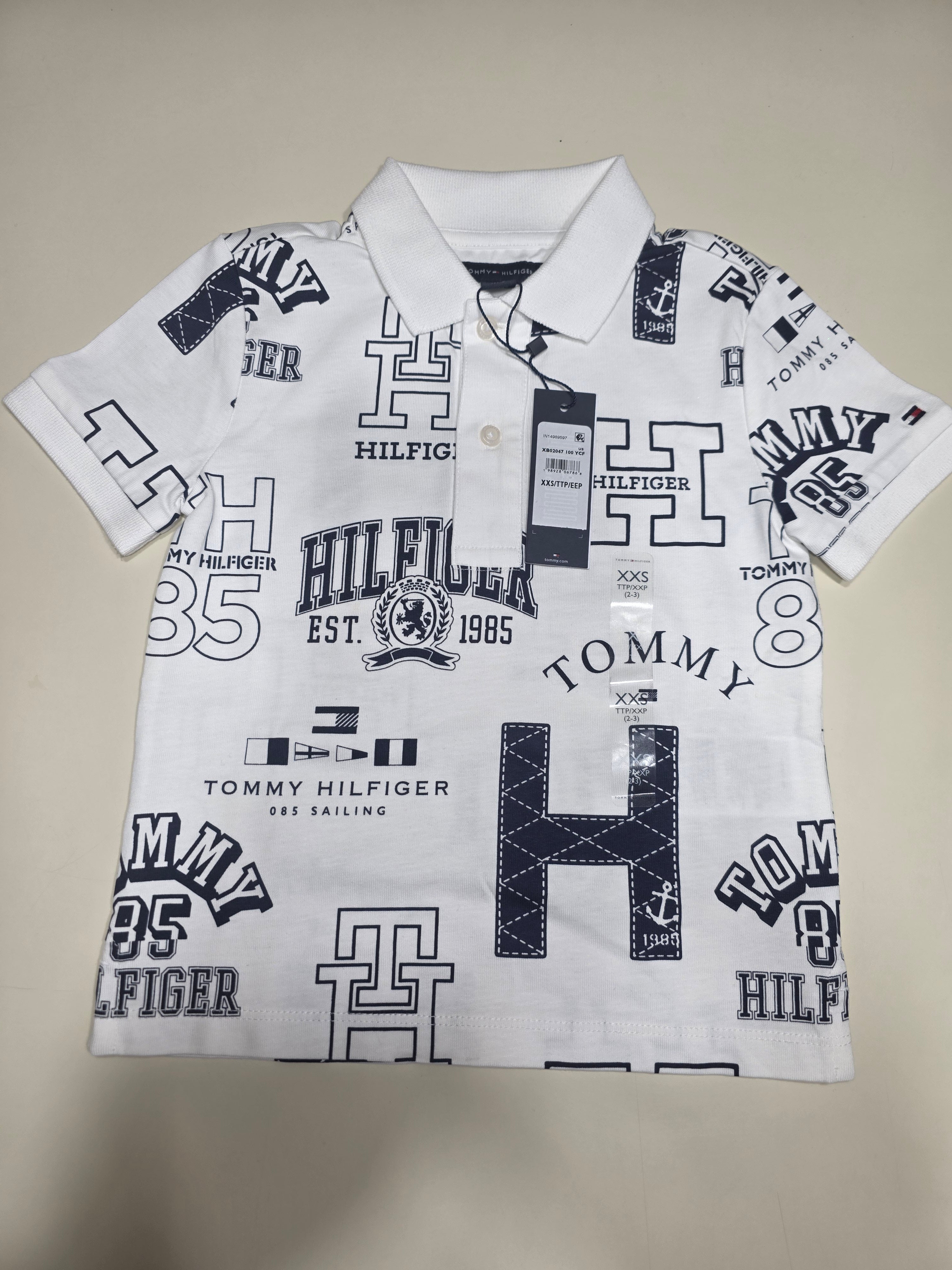 Tommy Hilfiger Kids' Vintage 1985 White & Navy Polo Shirt | Size XXS (2-3 Years) | Brand New