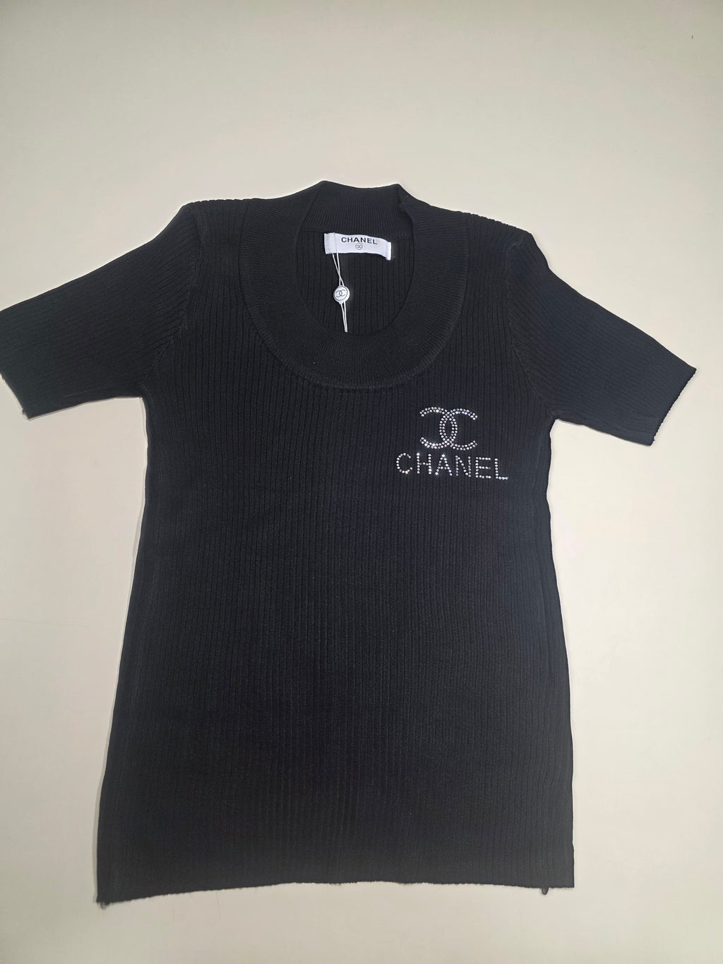 Women's Black Crystal-Embellished Ribbed Knit Top | Half Sleeve | Size S/M | Excellent