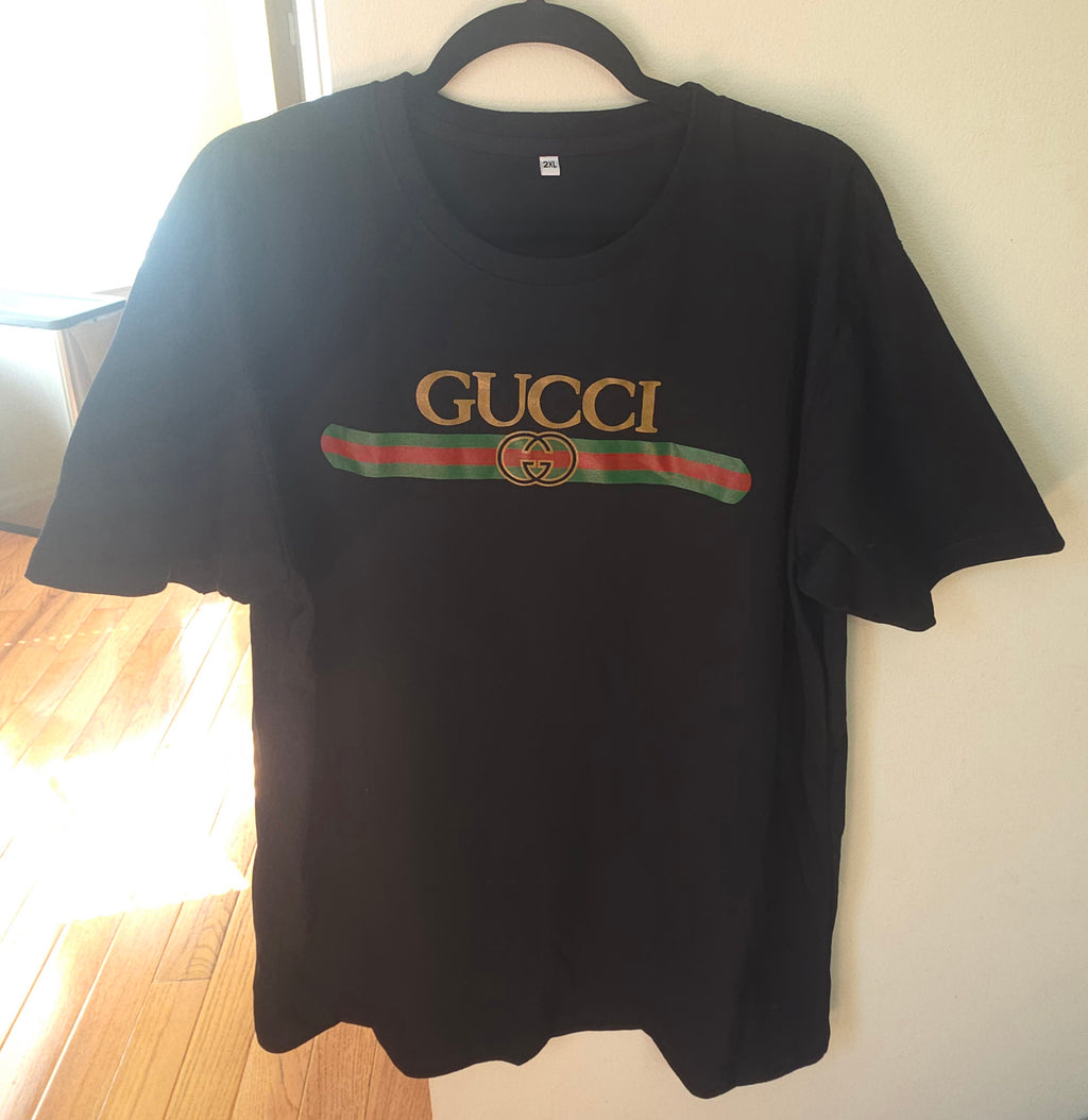 Unisex Black Boxy Streetwear Cotton T-Shirt | Gold, Green & Red Lettering | Fits L/XL | New