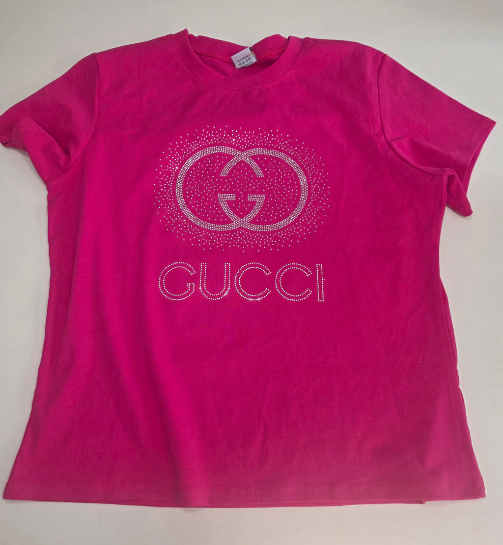 Women's Hot Pink Cotton T-Shirt with Silver rhinestones | M/L