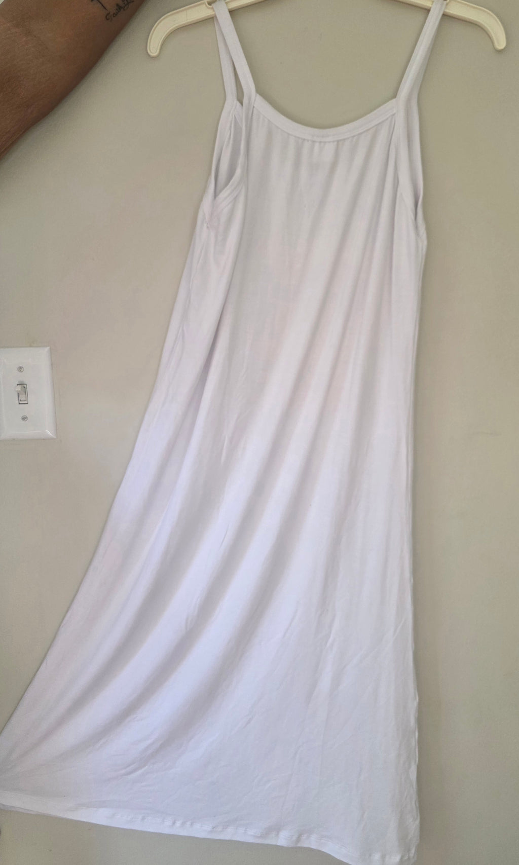 Women's White Sleeveless Spaghetti Strap Dress | Yellow Graphic Lettering | Size L | New