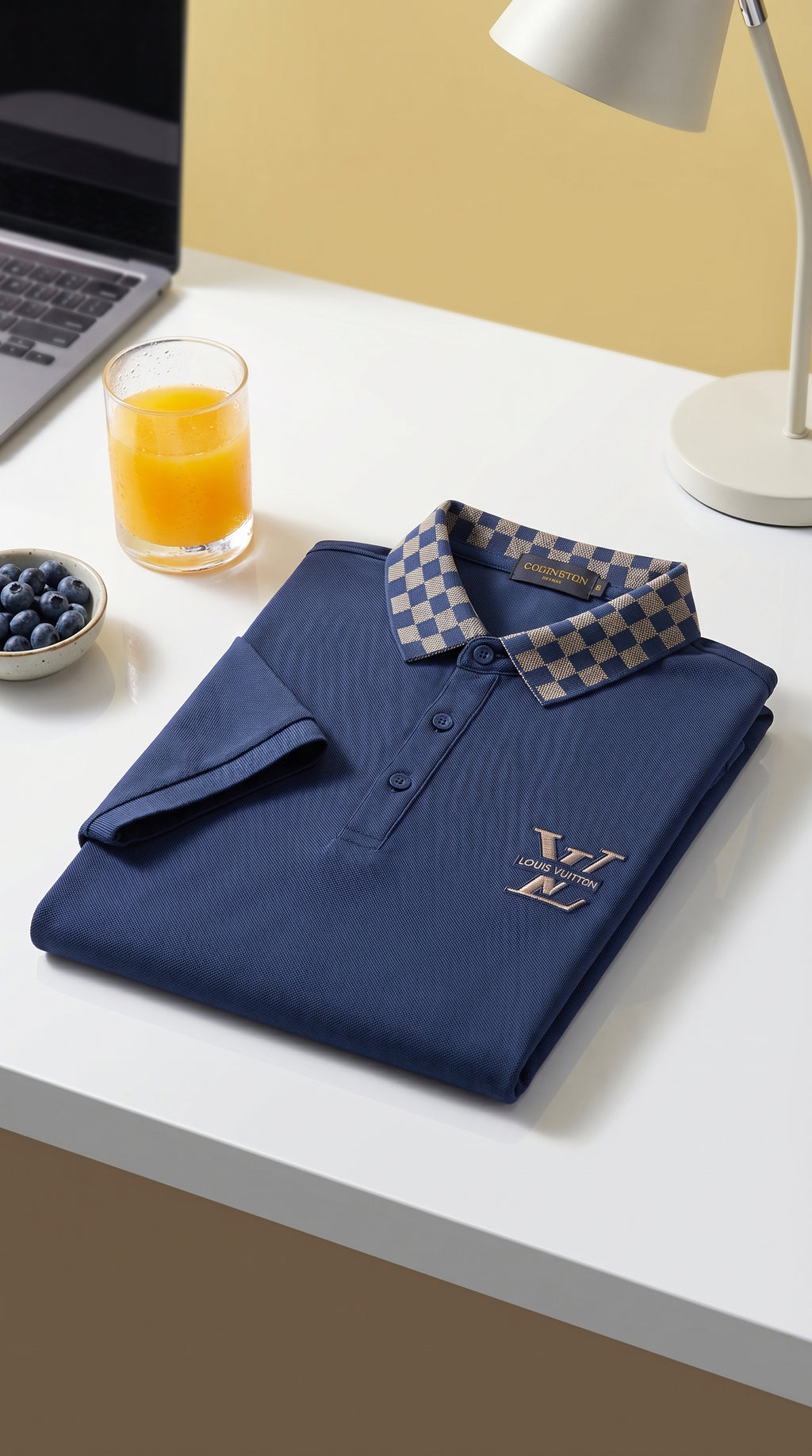 Men's Navy Blue Polo Shirt | Checkered Collar | Size Large | New