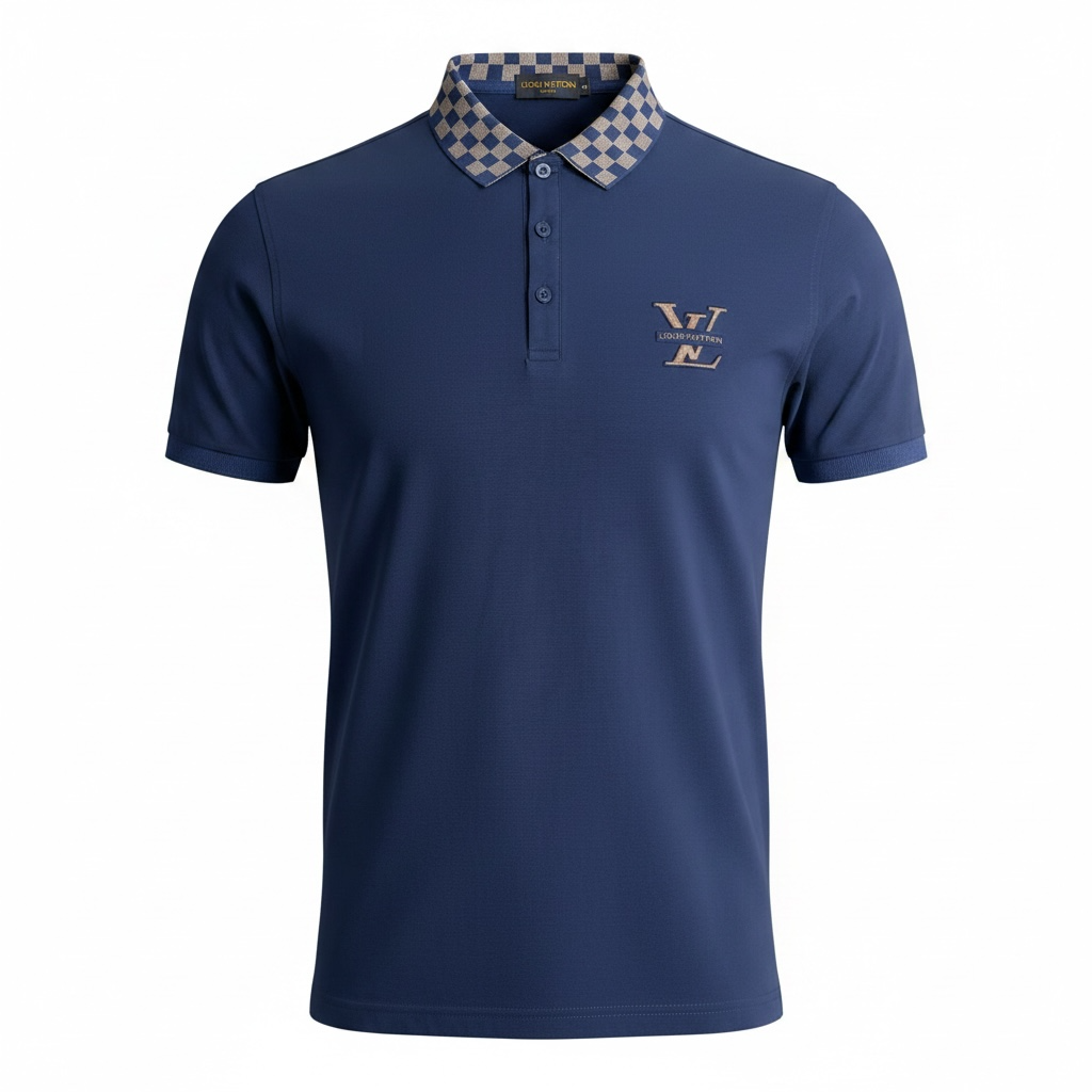 Men's Navy Blue Polo Shirt | Checkered Collar | Size Large | New
