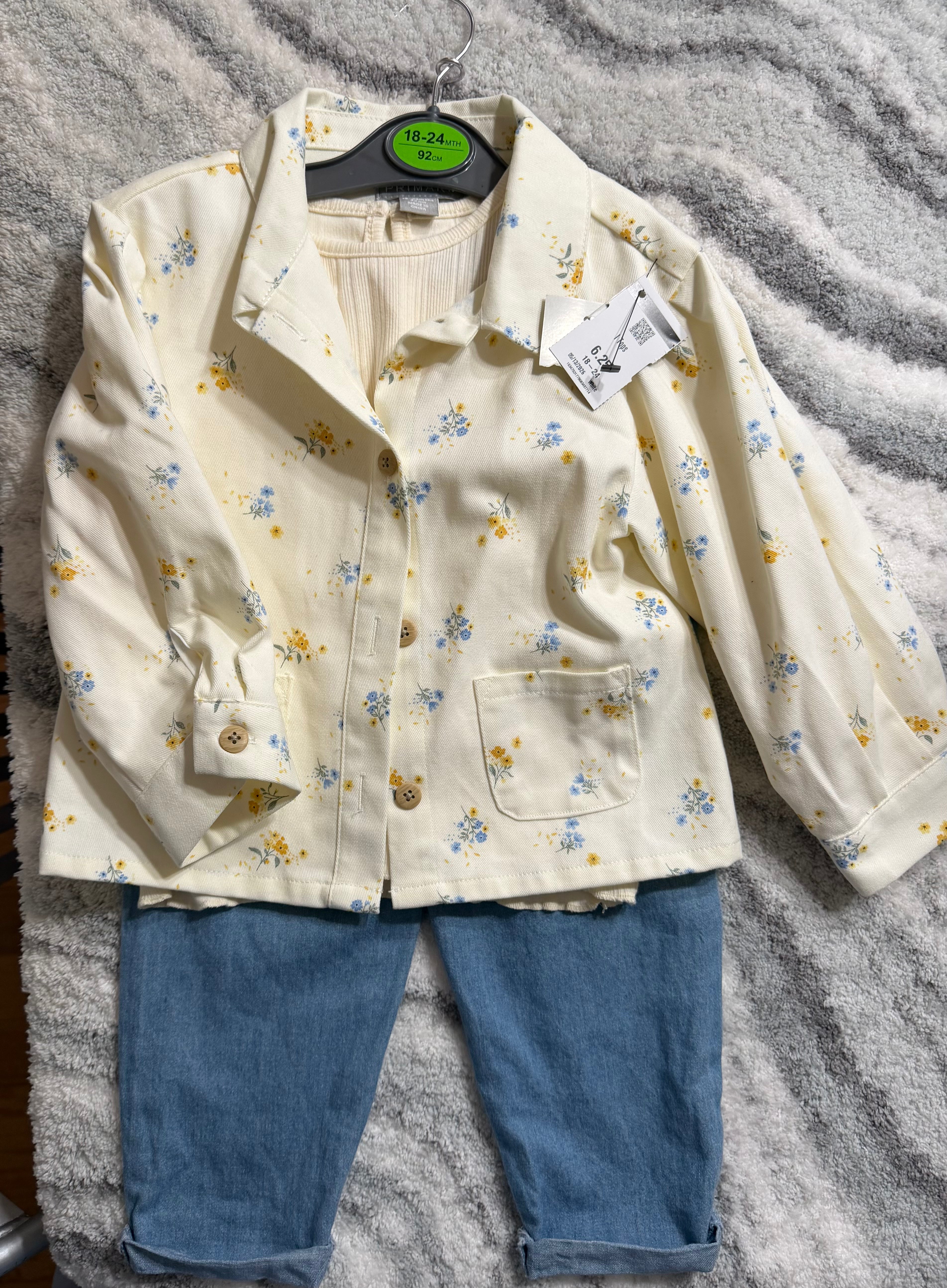Infant Girls 3-Piece Cotton Outfit Set | Floral Cargo Jacket, Shirt & Pants | 18-24 Months