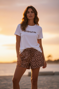 Women's White T-Shirt & Brown Shorts Matching Set | Size M | Brand New