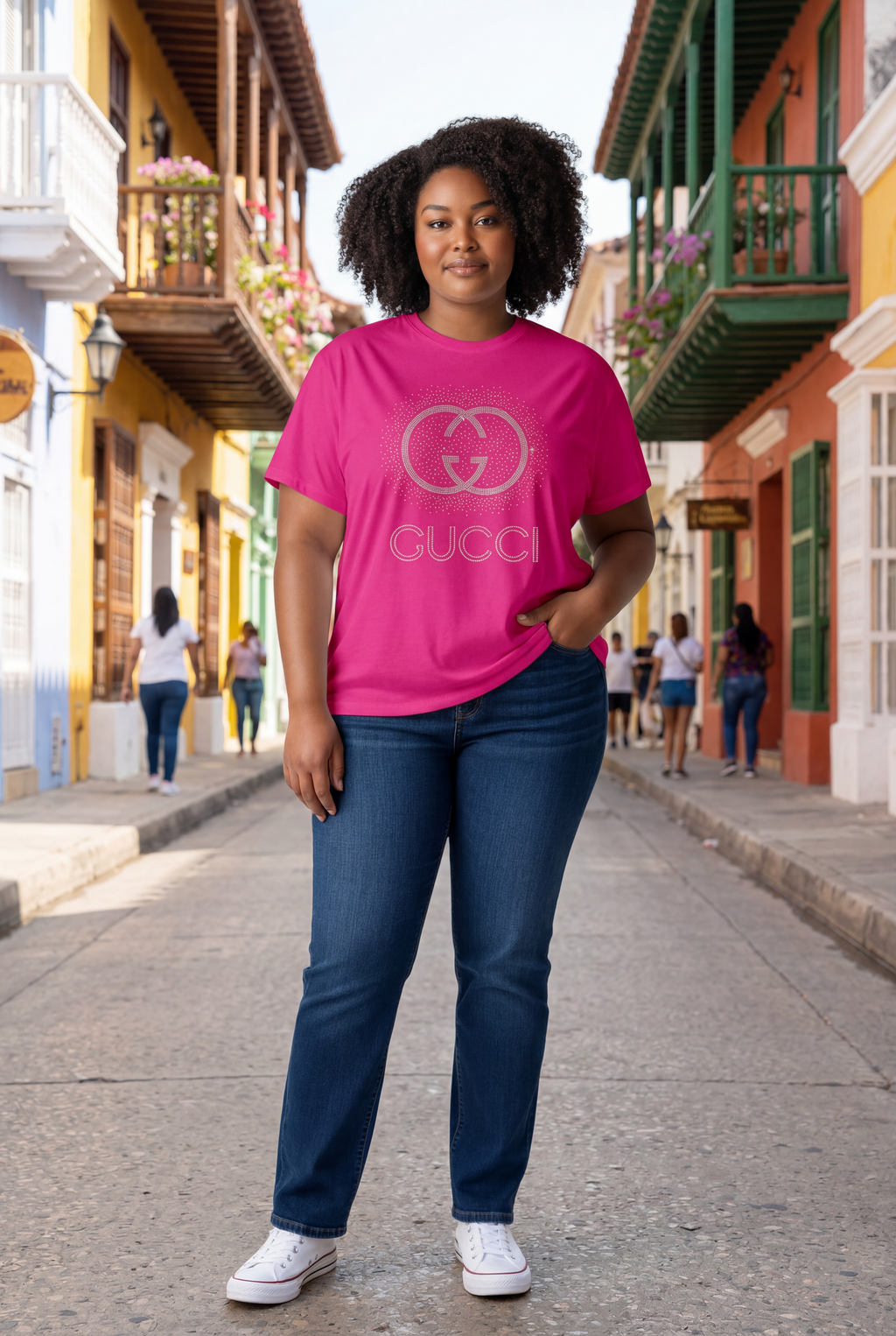 Women's Hot Pink Cotton T-Shirt with Silver rhinestones | M/L