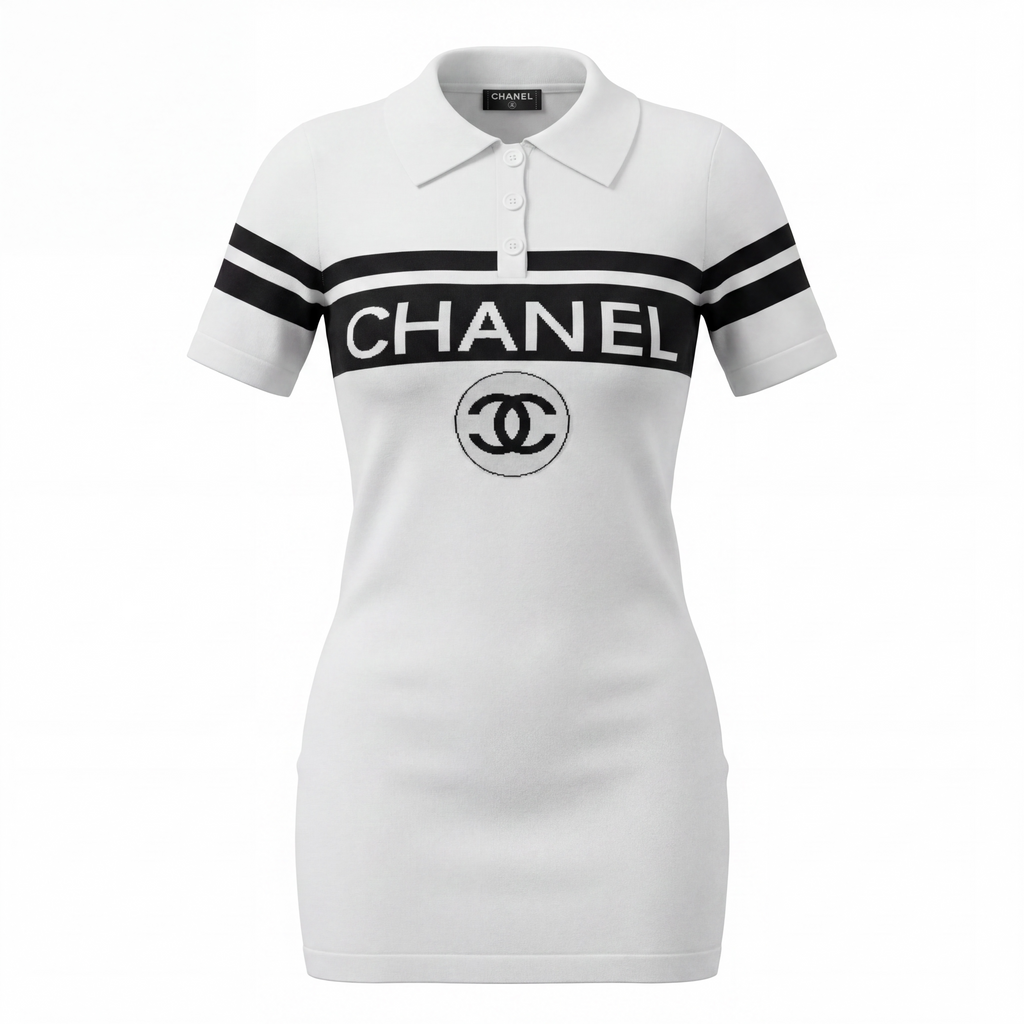 Women's Off-White Knitted Polo Dress | Black Lettering | Size M/L | Stretchy | New