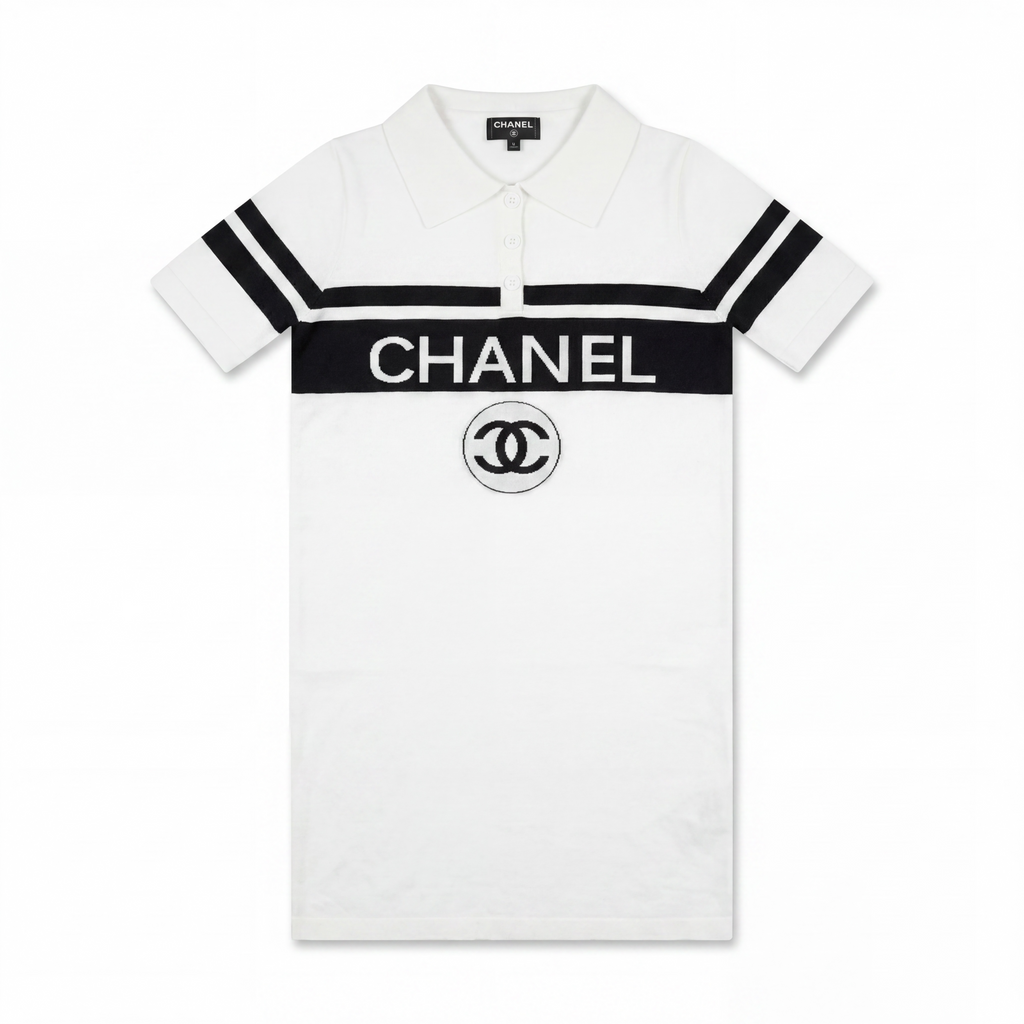 Women's Off-White Knitted Polo Dress | Black Lettering | Size M/L | Stretchy | New