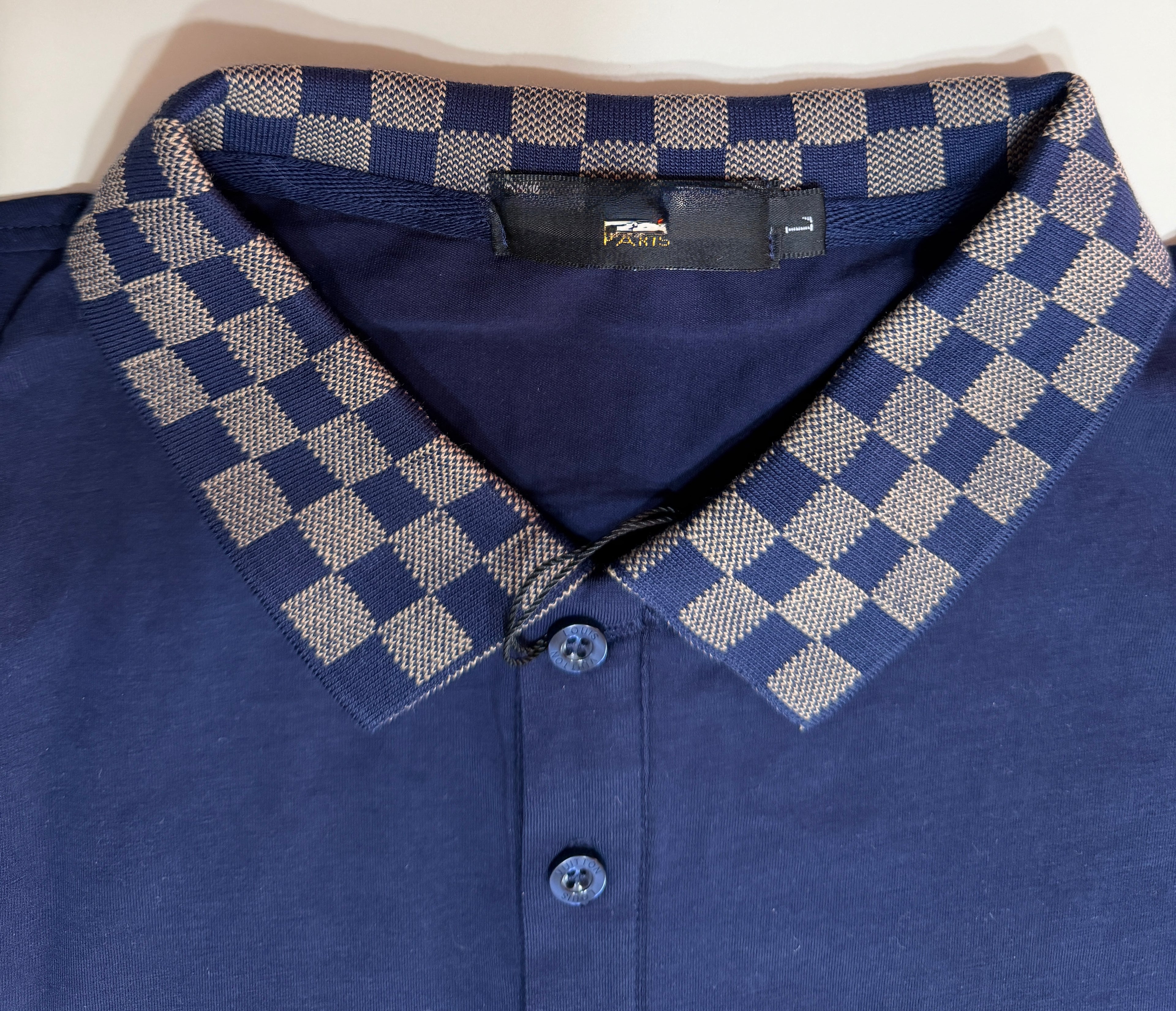 Men's Navy Blue Polo Shirt | Checkered Collar | Size Large | New