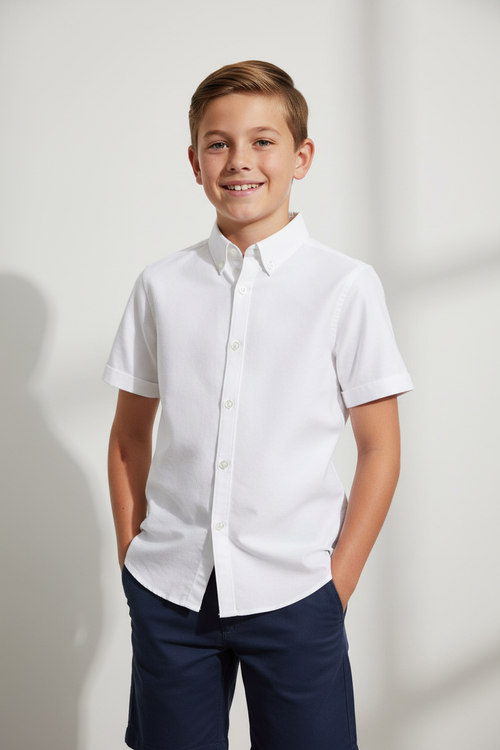 Boy wearing Lands' End white oxford shirt