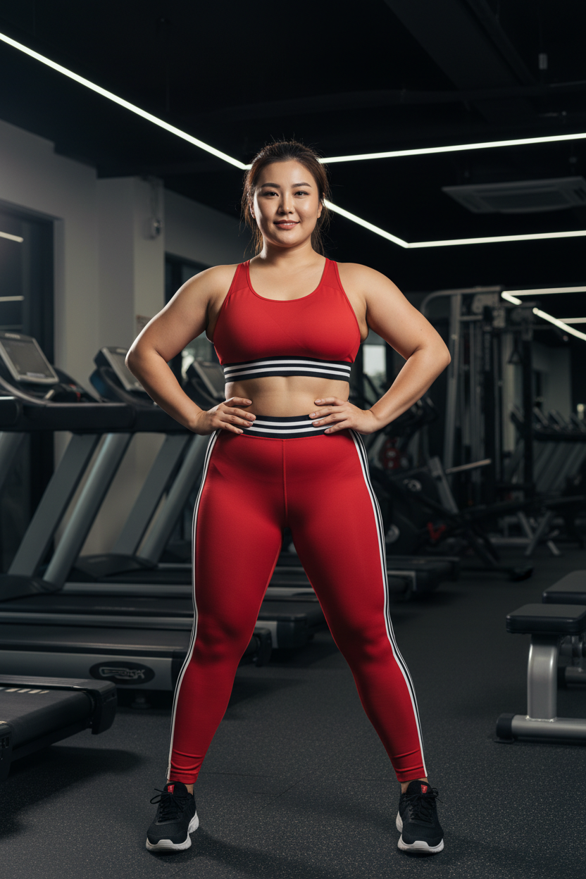 Full figured Asian female model wearing cherry red athletic set in gym setting