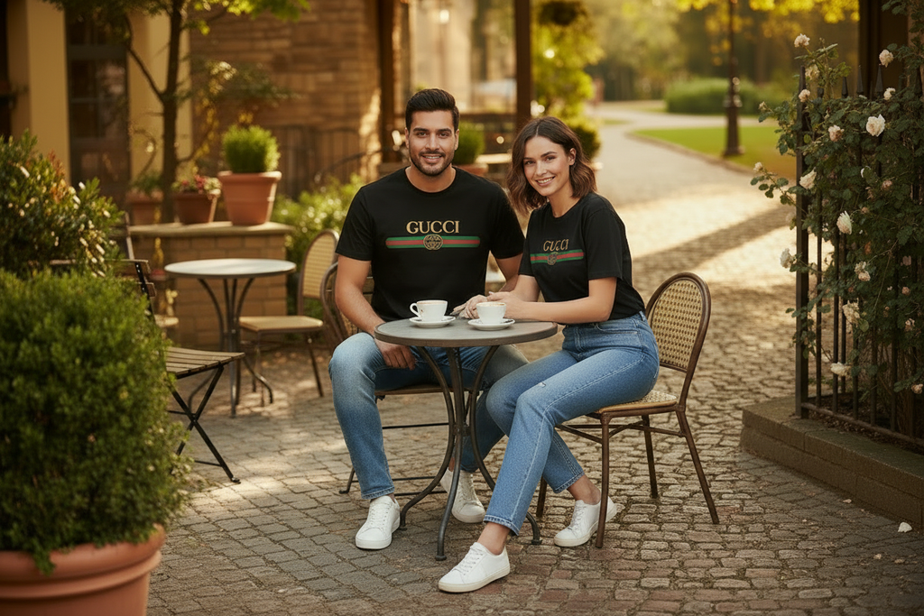 Hispanic male and female models wearing black Gucci stripe logo tee