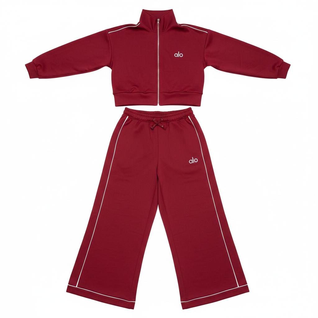 Alo Yoga crimson red 2-piece tracksuit set flat lay on white background