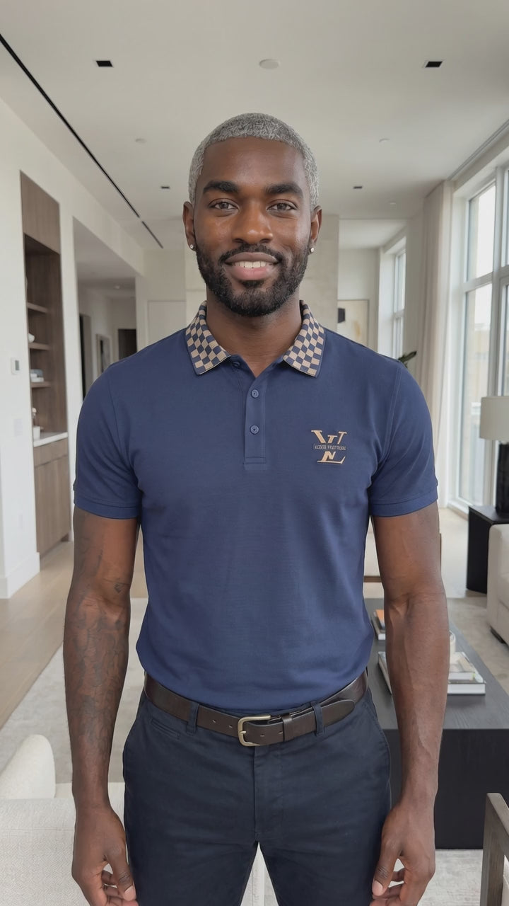 Men's Navy Blue Polo Shirt | Checkered Collar | Size Large | New