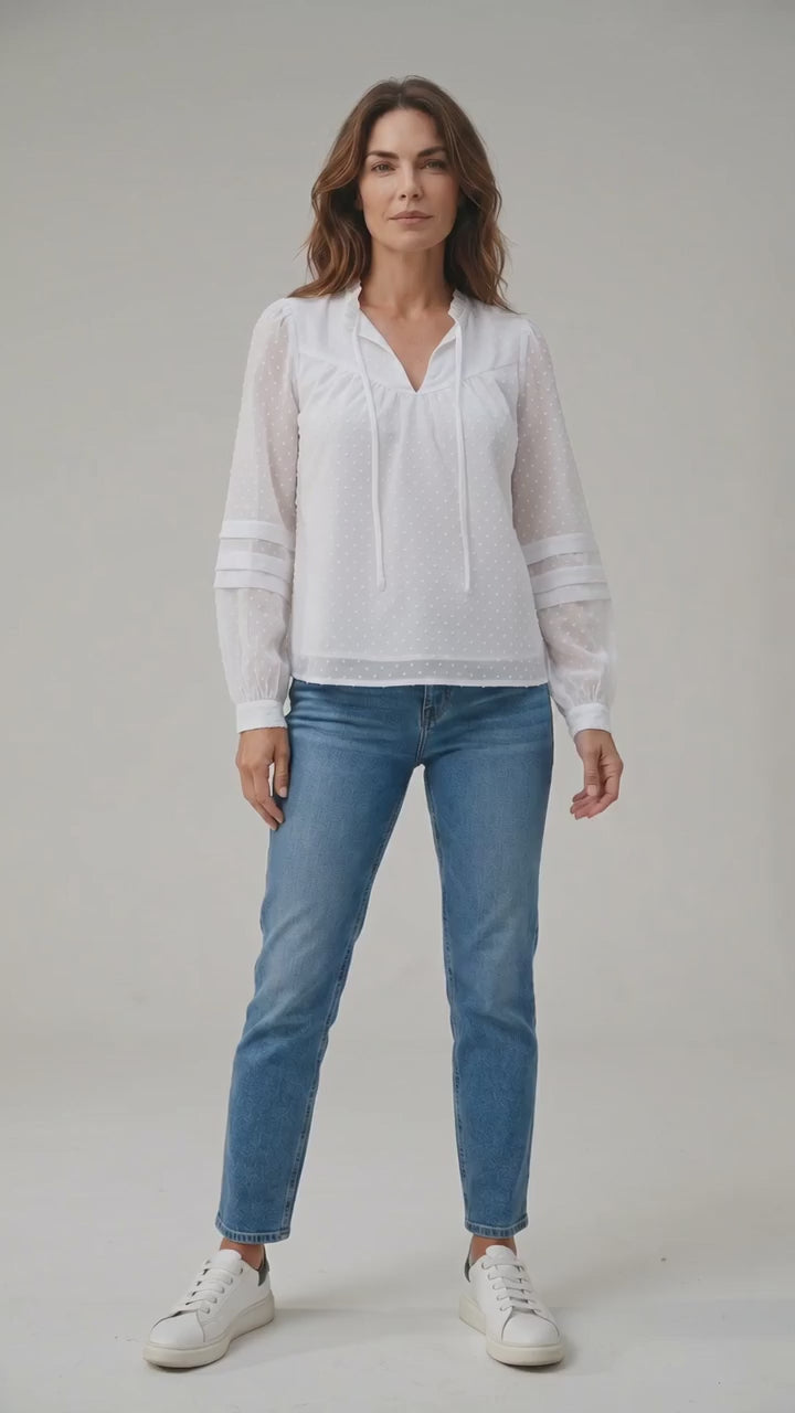Women's LOFT Swiss Dot Long Sleeve Blouse | Tie-Front Ruffle Collar | Size XS | Like New