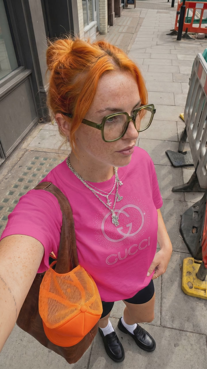 Women's Hot Pink Cotton T-Shirt with Silver rhinestones | M/L