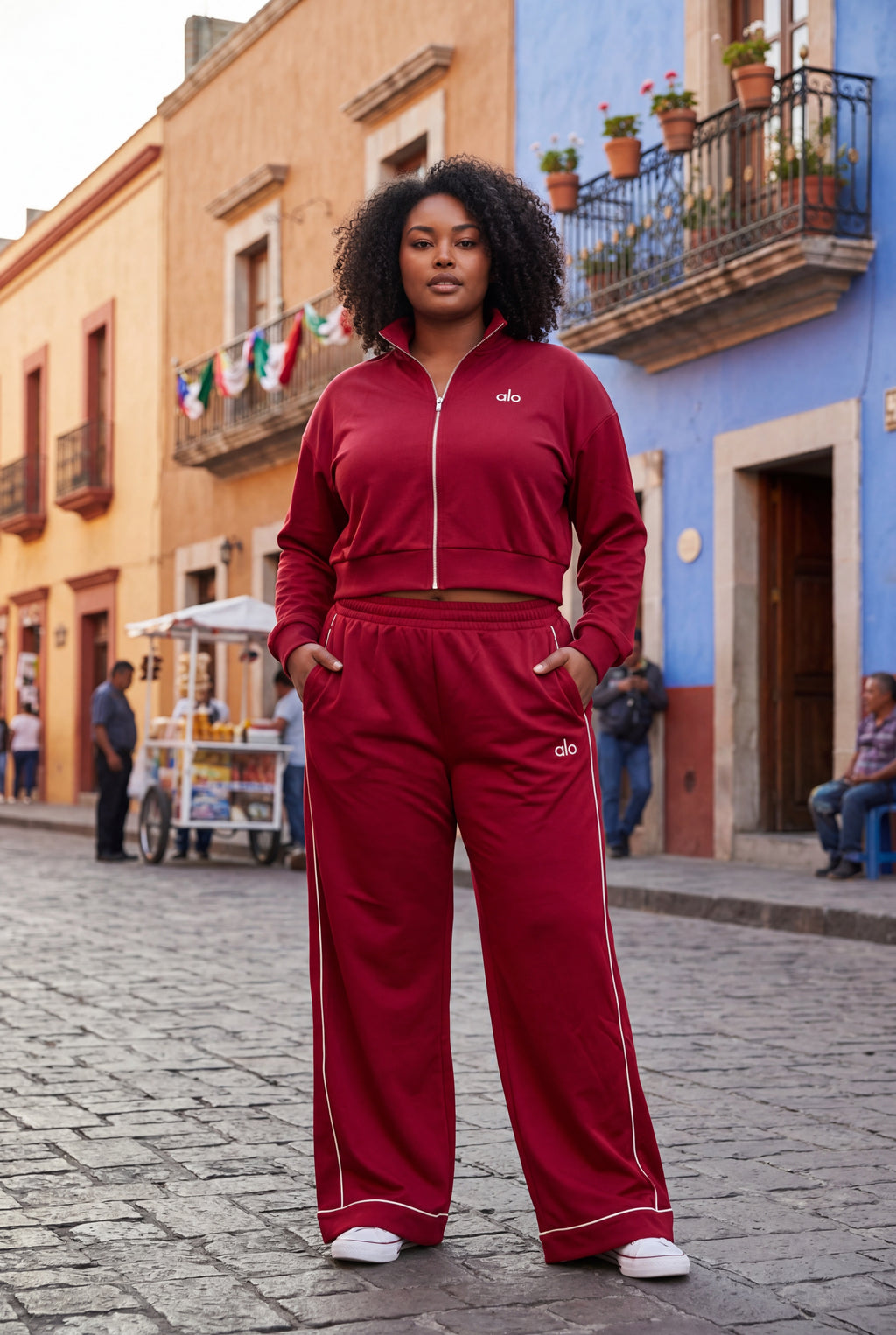 Women's Crimson Red 2-Piece Tracksuit Set | Cropped Zip Jacket & Wide-Leg Pants | Size XL | Like New