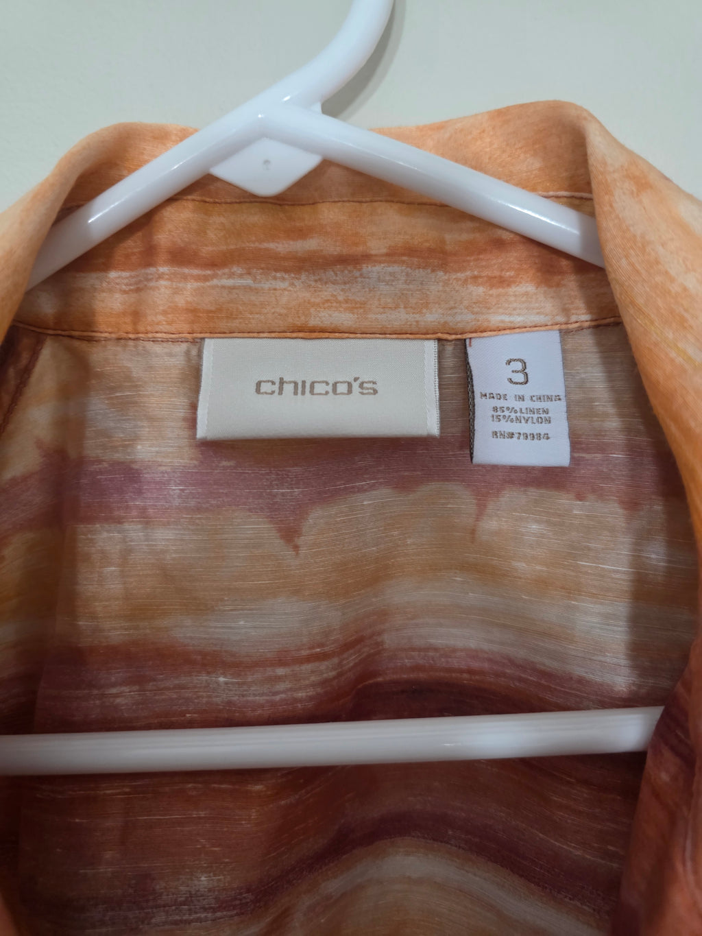 Women's Chico's Linen-Blend Open-Front Blazer | Orange Watercolor Stripe | Size XL | Boho Chic Lightweight Layer