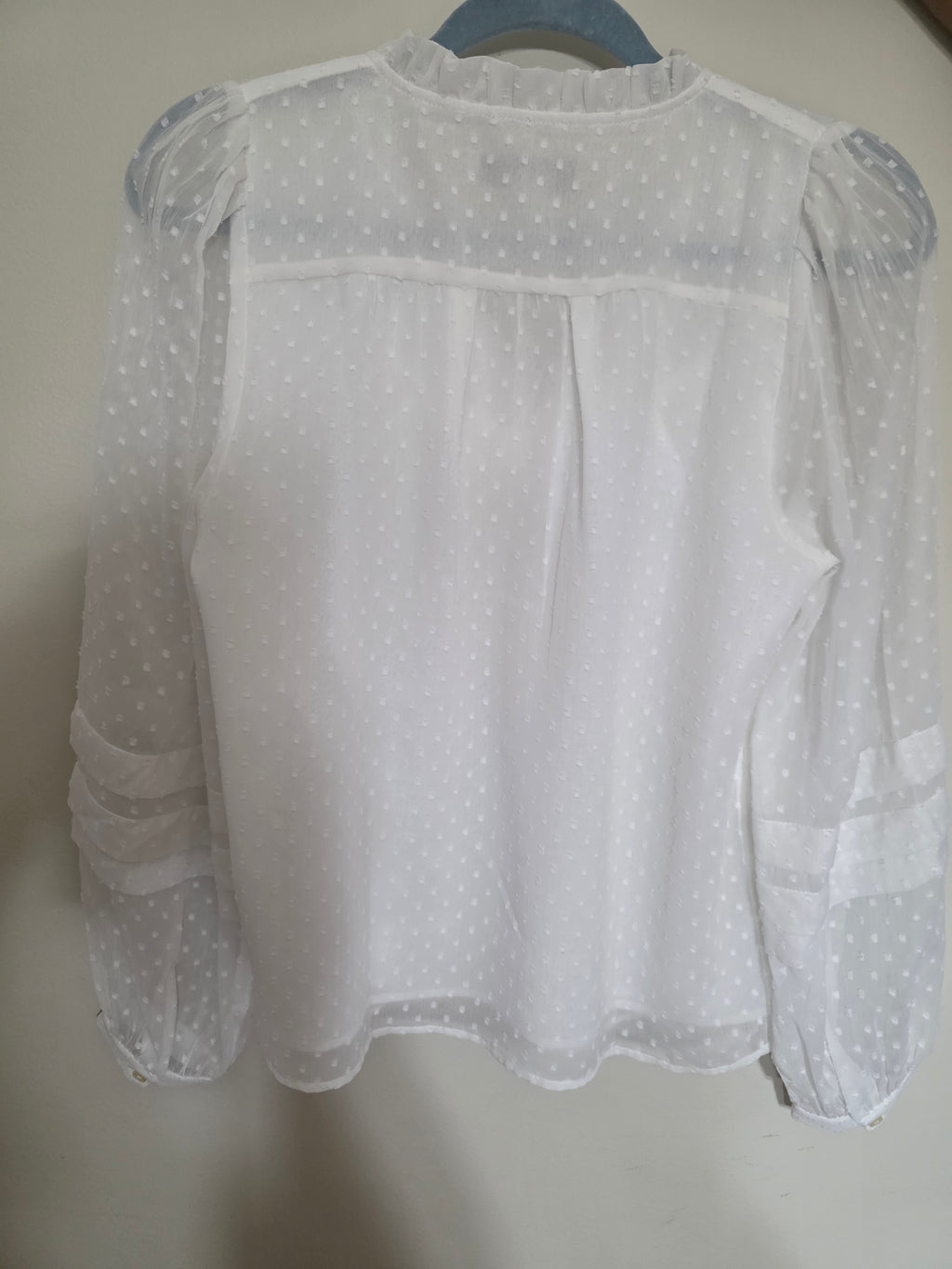 Women's LOFT Swiss Dot Long Sleeve Blouse | Tie-Front Ruffle Collar | Size XS | Like New