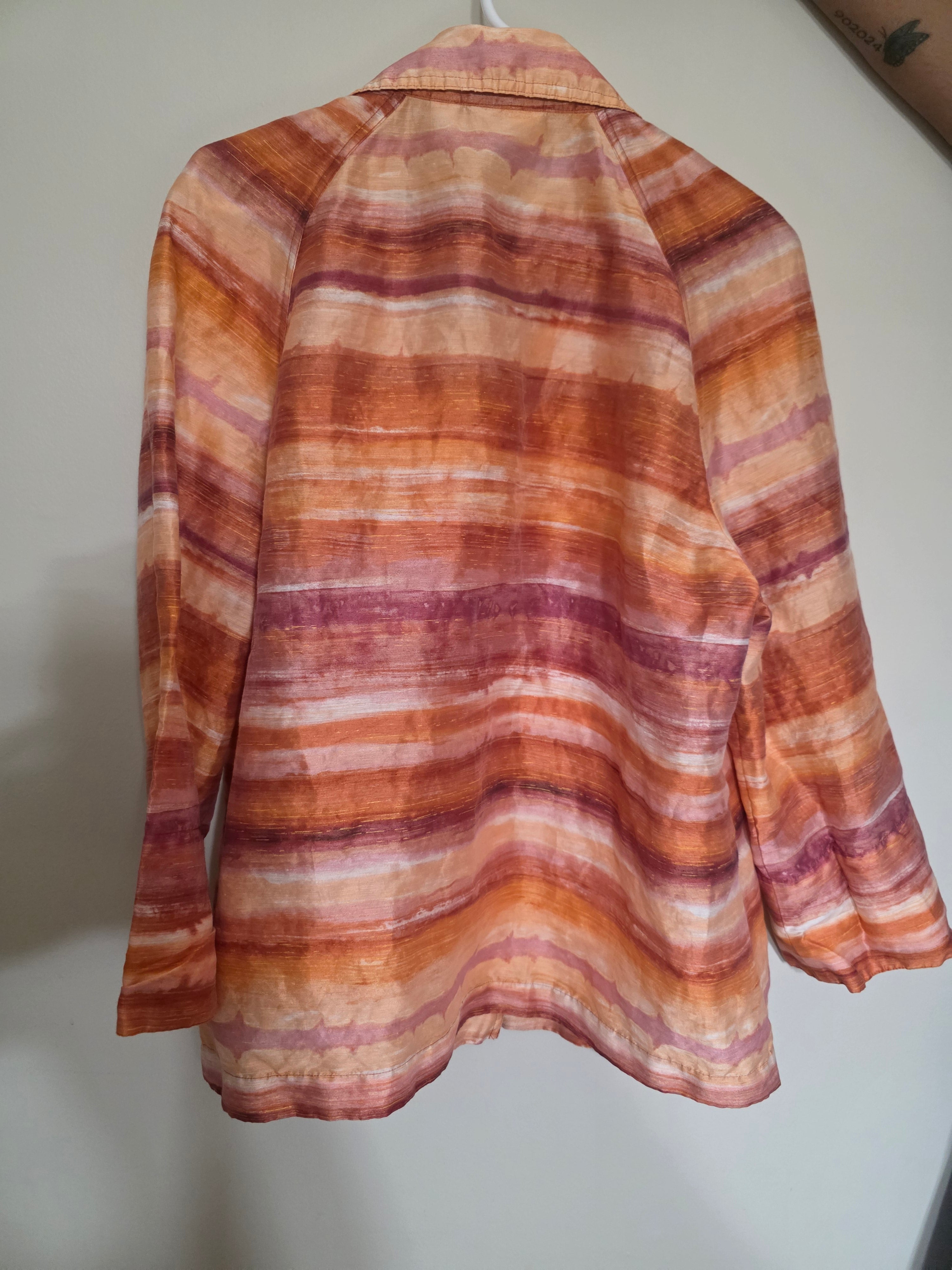 Women's Chico's Linen-Blend Open-Front Blazer | Orange Watercolor Stripe | Size XL | Boho Chic Lightweight Layer