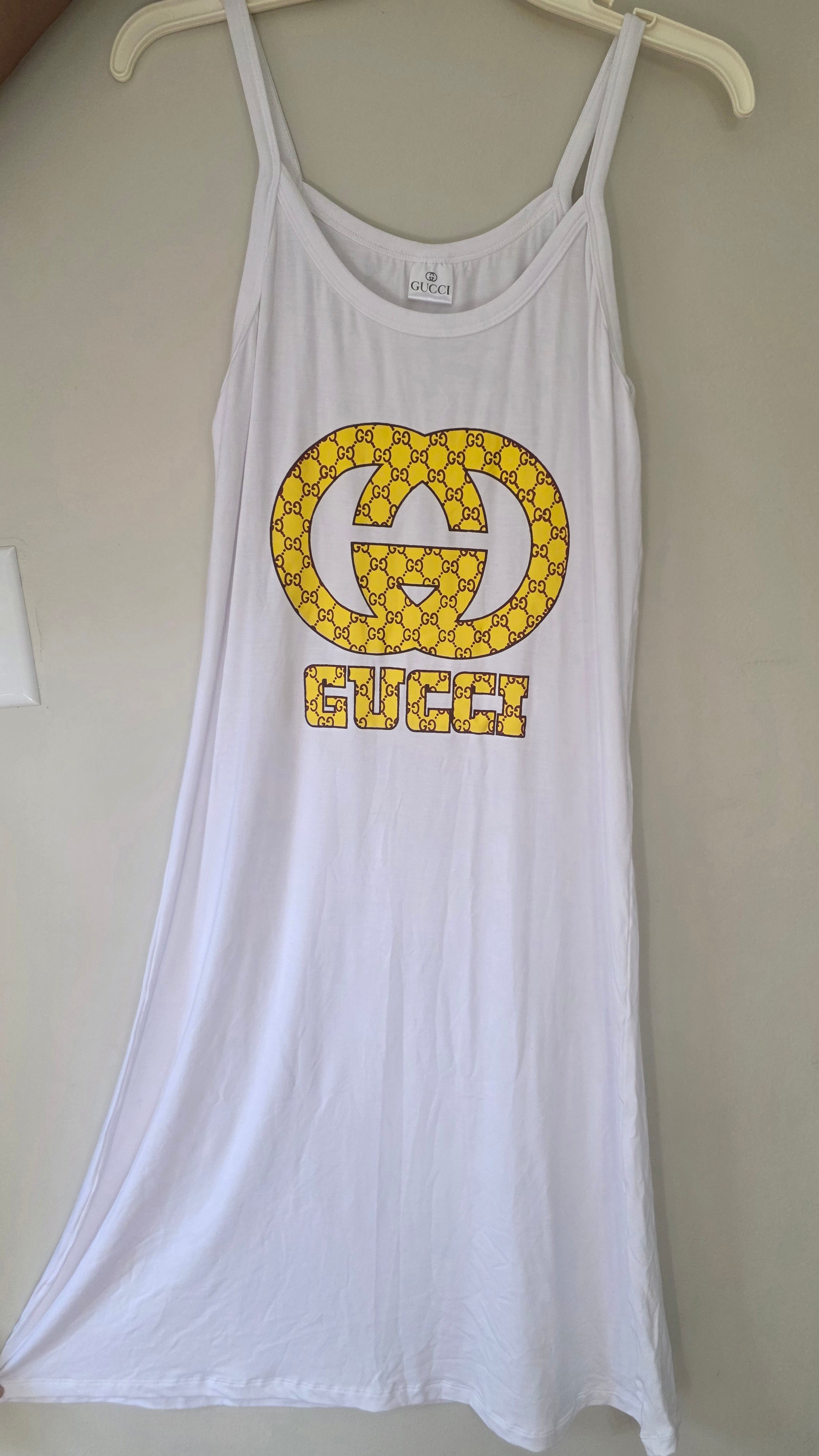 Women's White Sleeveless Spaghetti Strap Dress | Yellow Graphic Lettering | Size L | New